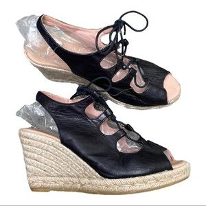 GAIMO black leather espadrille open toe lace up wedge. US 8.5 EU39